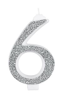 Picture of GIANT GLITTER NUMERAL CANDLE N.6 - SILVER 14CM